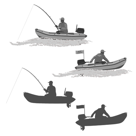 head of the club fishermen rides on a rubber boat with a motor. fisherman in a boat catches a fish set of silhouettes. totally vector illustrationのイラスト素材