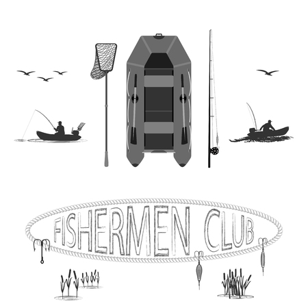 rubber boat. landing net and spinning near baubles, and hooks.のイラスト素材