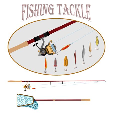Sport fishing at all timesSpinning with reel and a set of different baubles. for fishermen and shop, illustrationのイラスト素材