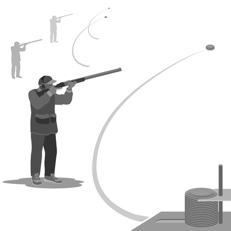 man shoots at a flying clay pigeons with a rifle. sneakers on the feet, on the head capのイラスト素材