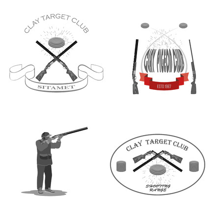 man shoots at a flying pigeon with a rifle. on his feet running shoes, a cap on his head. Addition rifle and clay platesのイラスト素材