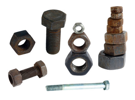 old rusty bolts and nuts with thread and shiny new. isolated on white background without shadows....