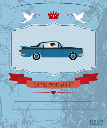an invitation to the wedding and celebration. the bride and groom rode in a car vector illustration for designers and publishers. fully editableのイラスト素材
