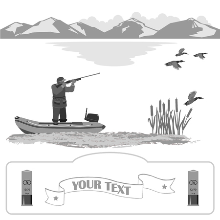 A man stands in a rubber boat and shoot a rifle. Ducks are flying. on the far background of mountains and clouds. Isolate on white background.のイラスト素材