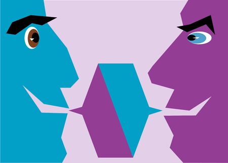 the two halves of the faces of friends. They talk to each other. in the middle of the speech bubblesのイラスト素材