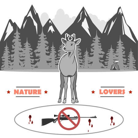 in the middle is a young deer against the background of the inscription, the mountains and the woods with a tent. Rifle banned. totally vector illustration.のイラスト素材