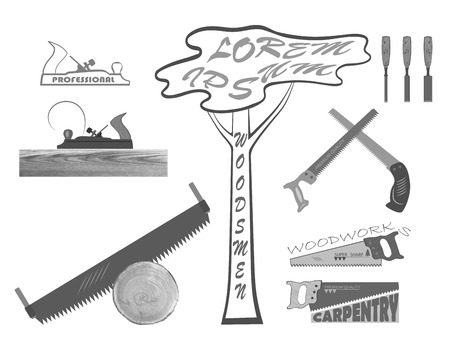 set of tools for working with wood. has a plane, handsaw and chisel.のイラスト素材
