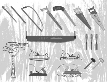 set of tools for working with wood. has a plane, handsaw and chisel.のイラスト素材