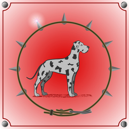 dog breed mastiff on a red background. Frame in the form of the collarのイラスト素材