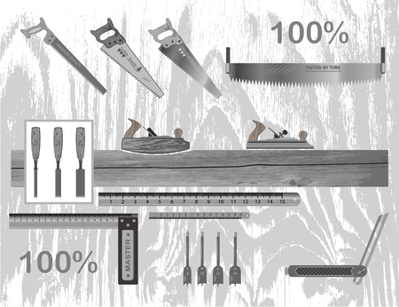 set of tools for working with wood. has a plane, hacksaw, chisel, ruler, square, drill bits.のイラスト素材