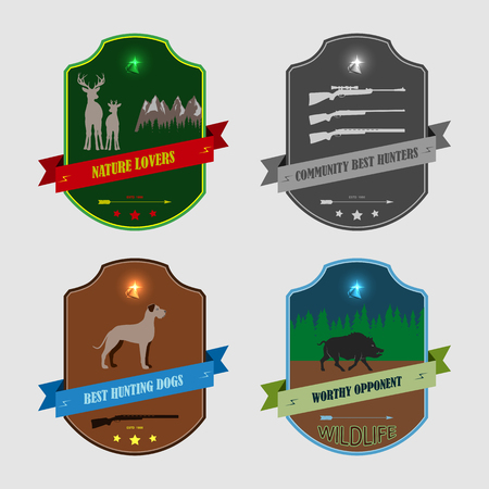 Set of four stickers for hunters. dog on a forest background. running boar. deer stand. rifles and a diamond.のイラスト素材