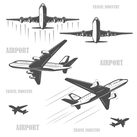 The silhouette of a passenger airplane in a flight. From different angles. For advertising and design.のイラスト素材