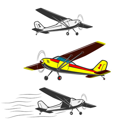 Three kinds of vintage, small aircraft. One in color.Sports, excitement and travel around the world in flight.のイラスト素材