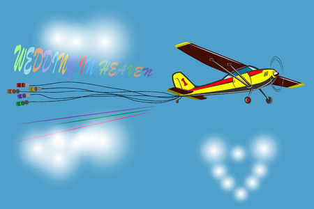 Marriages happen in heavenA small plane for a wedding. The banks hang on the ropes. Around fly the clouds.のイラスト素材