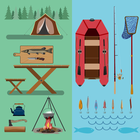 A set of accessories with a boat for transportation through the forest and rivers. For active and nature-loving people. Flat drawing.のイラスト素材