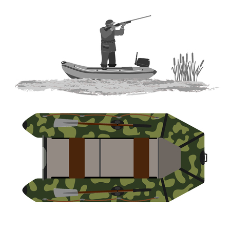Rubber boat. Color camouflage. Silhouette of a fisherman and a hunter in a boat. Isolate on white background.のイラスト素材