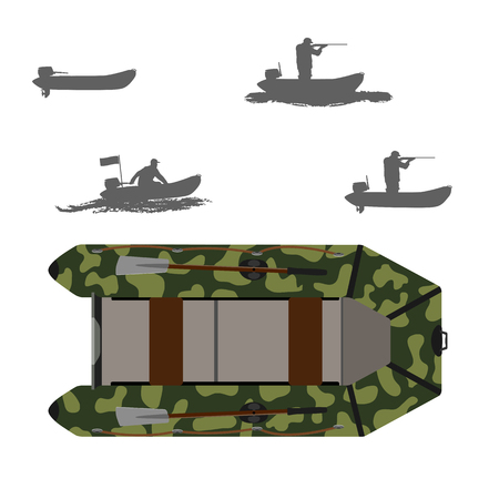 Rubber boat. Color camouflage. Silhouette of a fisherman and a hunter in a boat. Isolate on white background.のイラスト素材