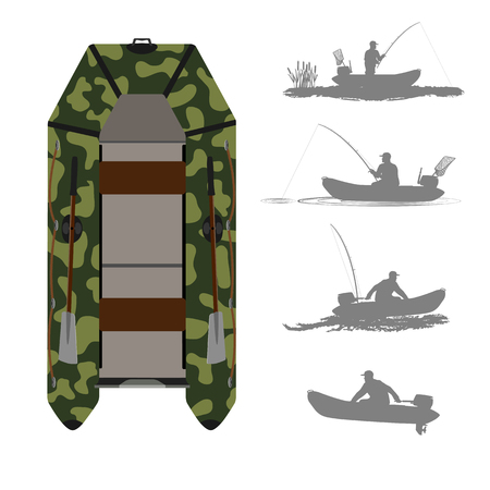 Rubber boat. Color camouflage. Silhouette of a fisherman and a hunter in a boat. Isolate on white background.のイラスト素材