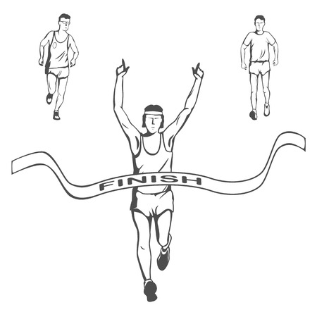 The young athlete ran first to the finish. the second and third are lagging behind.のイラスト素材