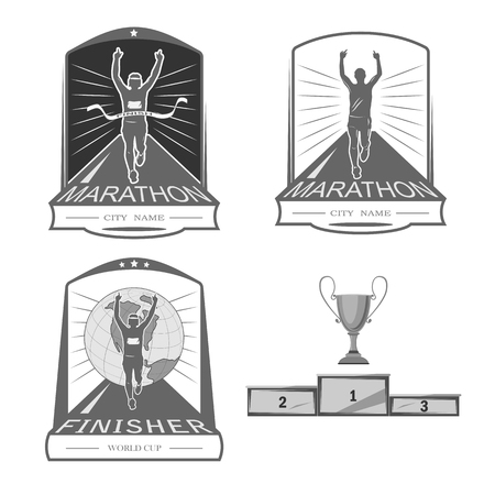 a set of emblems, shortcuts and icons for the design of the sport. there is a marathon, a sprint, a mass race. White background.のイラスト素材