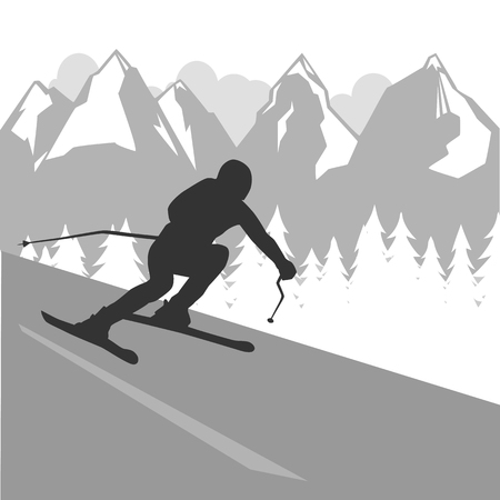 On a background of abstract mountains, a person goes fast on downhill skiing, dark silhouette.のイラスト素材