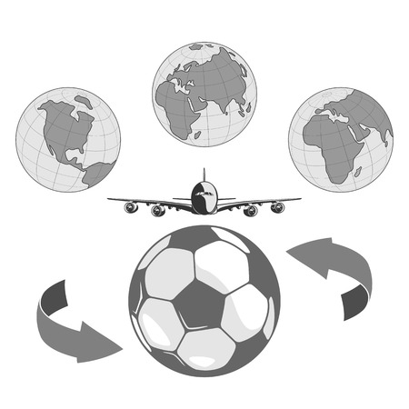 Soccer ball and a stylized image of the globe. flies a large passenger plane. isolate on white background.のイラスト素材