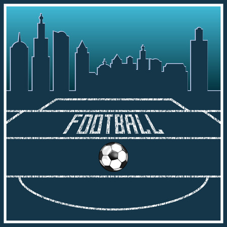 Football field. Lies a leather ball in the background a large modern city. Preparation for the championship.のイラスト素材