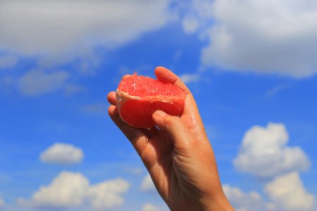 The woman's hands hold a grapefruit against the sky and clouds. A close-up photo.の写真素材