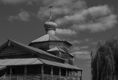 Old historical temple. completely wooden, monochrome image, open to tourists.の写真素材