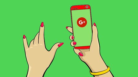 Holding a touch screen device. Cartoon. The hand holds a smartphone. The other hand throws the social network icons with his finger to the side. There is a bell and vibration. Clean green background to replace.の写真素材