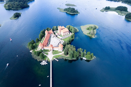 Aerial view of Trakai castle on the island of Trakai, Lithuania