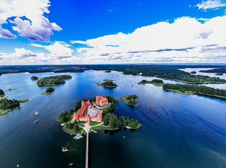 Aerial view of Trakai Island, Lithuania. Trakai Island is one of the most beautiful islands in...