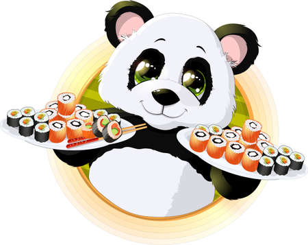 Panda sushibeautiful Panda holding in his paws a tray of sushiのイラスト素材