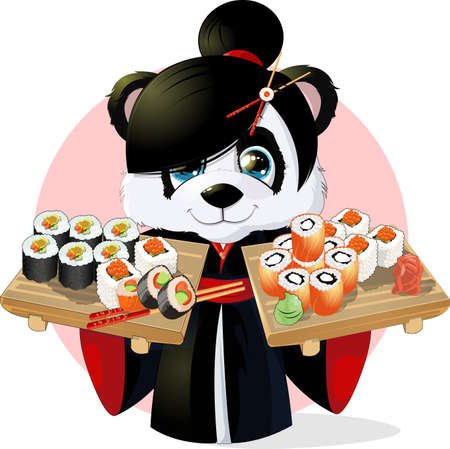 Panda sushibeautiful Panda holding in his paws a tray of sushiのイラスト素材