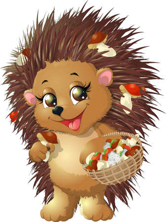 hedgehog holds in paws a basket of mushrooms on white backgroundのイラスト素材