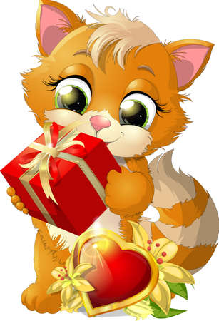 beautiful kitten who holds in his paws gift on white backgroundのイラスト素材