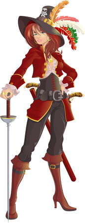 beautiful pirate girl on a white background with a sword in one handのイラスト素材