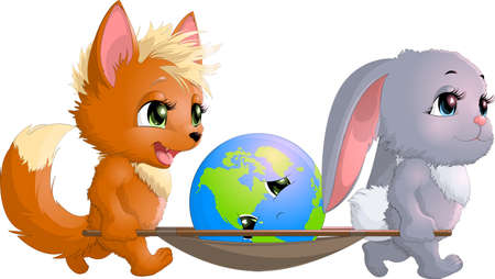 fox and hare save the planet on a stretcherのイラスト素材