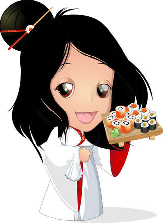 Sushi chef with food trays in a restaurantのイラスト素材
