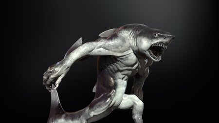 A shark humanoid he has a mouth. 3d renderingの写真素材