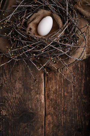 One big egg in the nest with spring branches, on an old wooden table, material bagの写真素材
