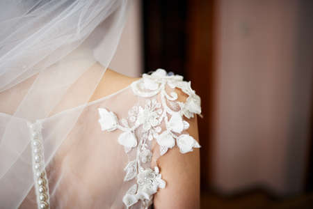 Young attractive bride in white beautiful wedding dress. Wedding concept, back viewの写真素材