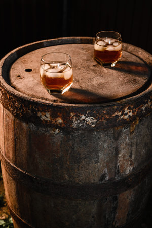 A glass of whiskey with ice on a wooden background close-up, in the background of a barrel of whiskeyの写真素材