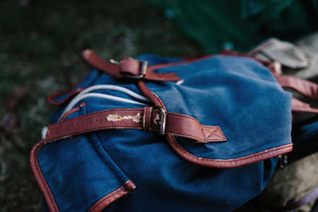 Blue hiking backpack, outdoor recreation, trekking in the mountainsの写真素材