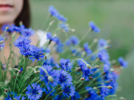 Series. Portrait of a beautiful romantic girl in a magical lavender field with a bouquet of lavenderの写真素材