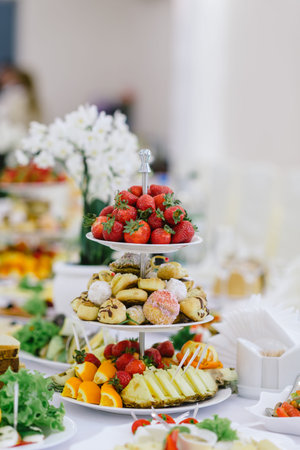 fruit tray on the wedding table healthy food on holidaysの写真素材