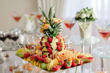 fruit tray on the wedding table healthy food on holidaysの写真素材