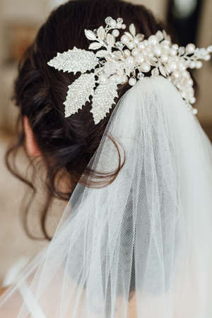 The white veil and hair pin of a young attractive bride . Wedding concept, back viewの写真素材
