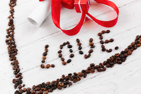 heart made of coffee beans, inside gift for valentine's dayの写真素材