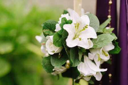decoration in purple tones lily flowers, wedding decorationの写真素材
